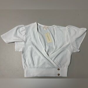 Monteau White Surplice Crop Blouse Puff Sleeve Cinched Waist NWT Small